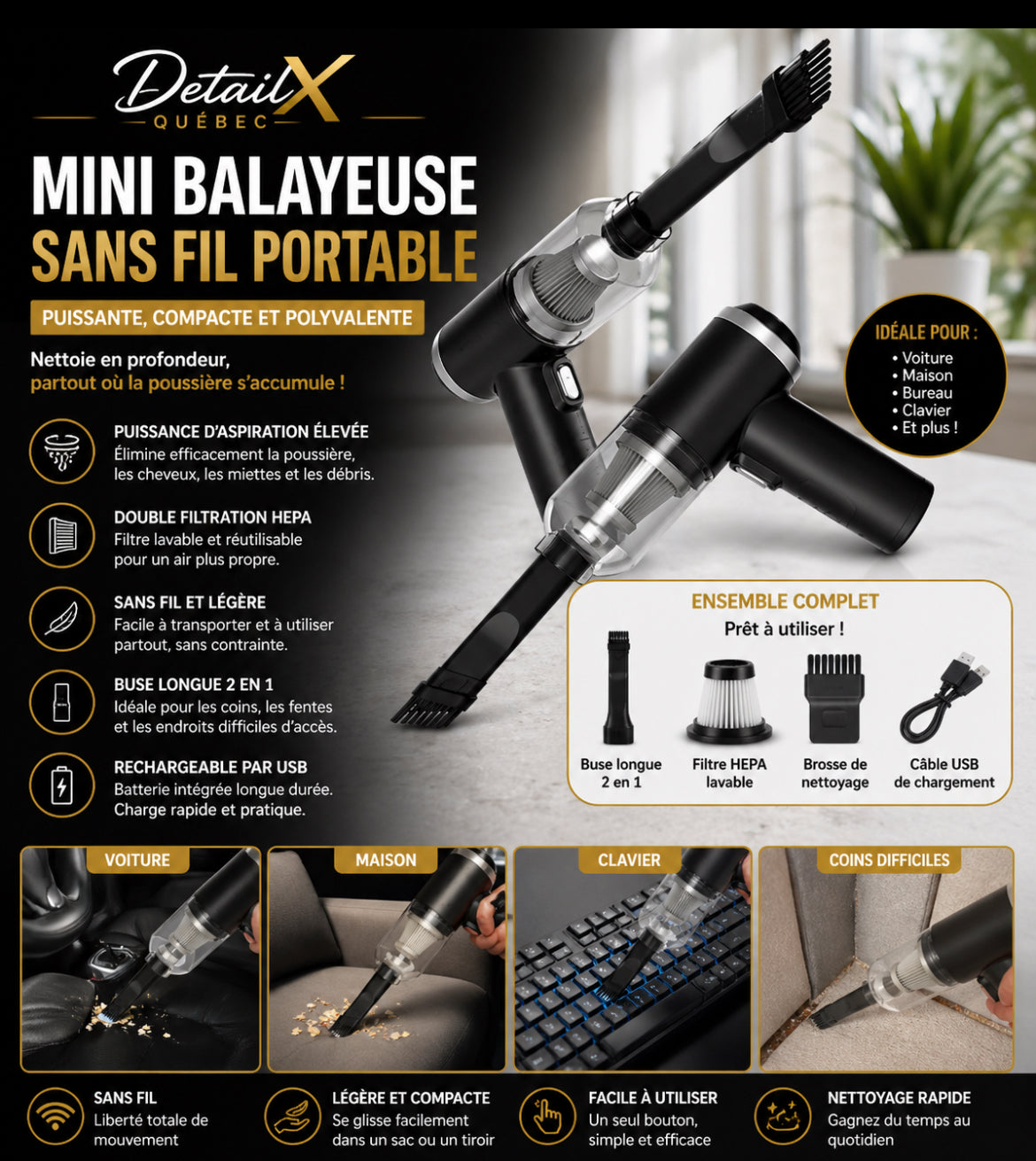 Aspirateur voiture sans fil puissant-Nettoyage rapide en 60 secondes